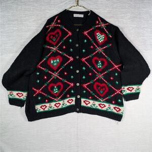 Karen Scott II Christmas Cardigan Womens 2XL Black Geometric Pattern Hearts